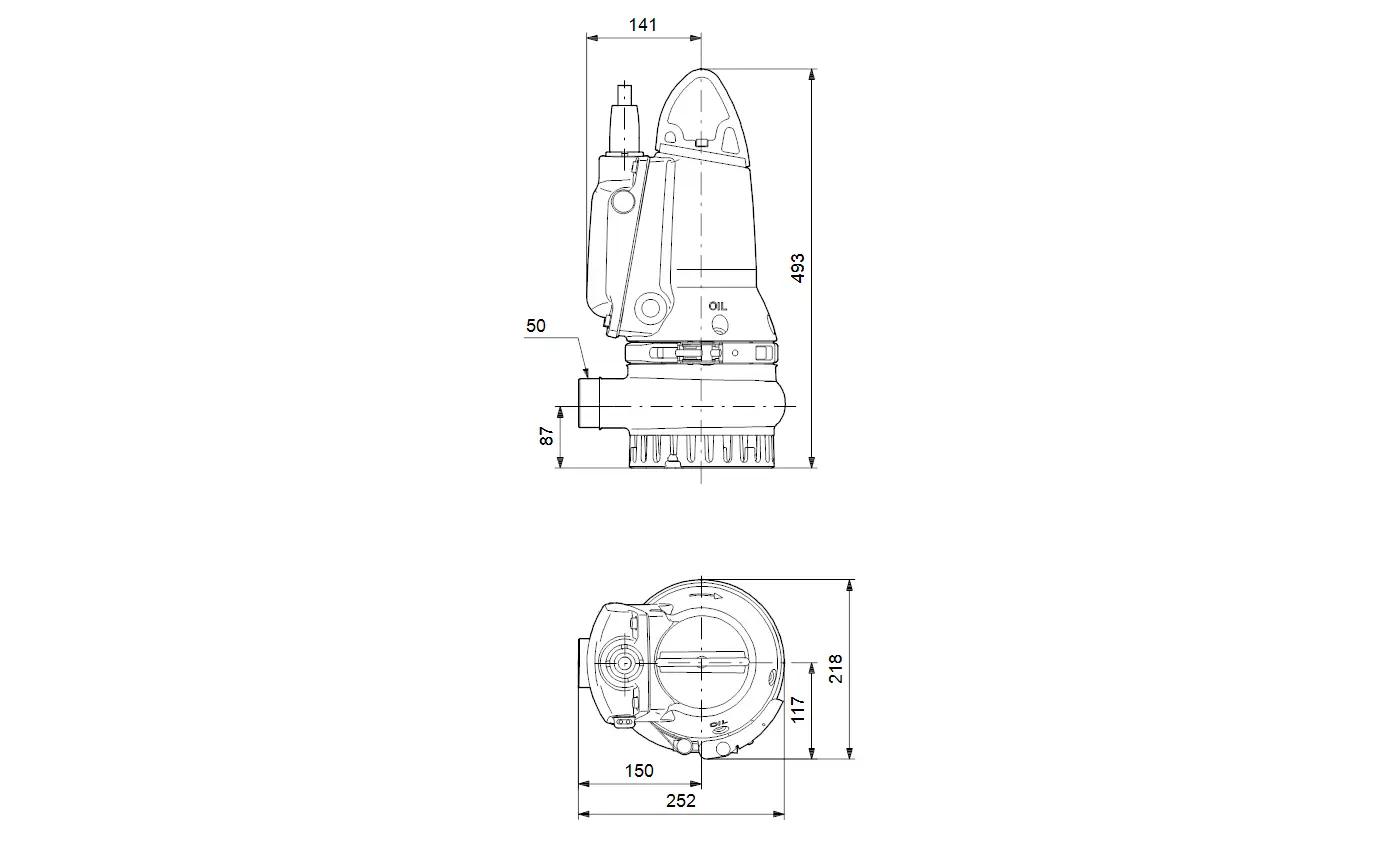 Tauchmotorpumpe von Grundfos mit abgerundeter Bauform, seitlichem Anschluss und einer elektrisch betriebenen Kappe zur Nutzung in Drainagesystemen.